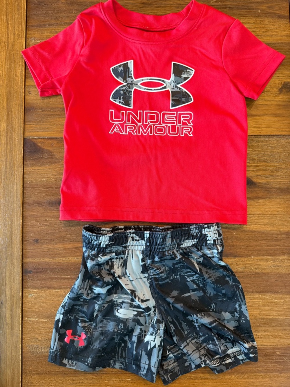 Under Armour Red Logo Tee with Black & Gray Camo Shorts